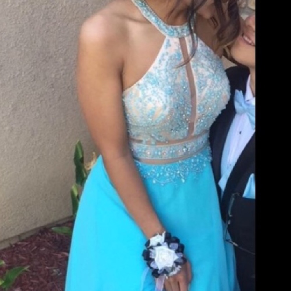Blue and nude halter prom dress